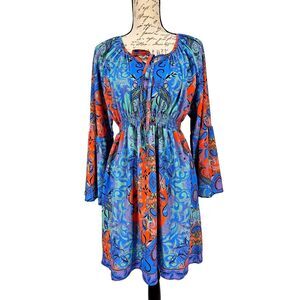 Bohemian Smocked Waist Bell Sleeves Dress Large
